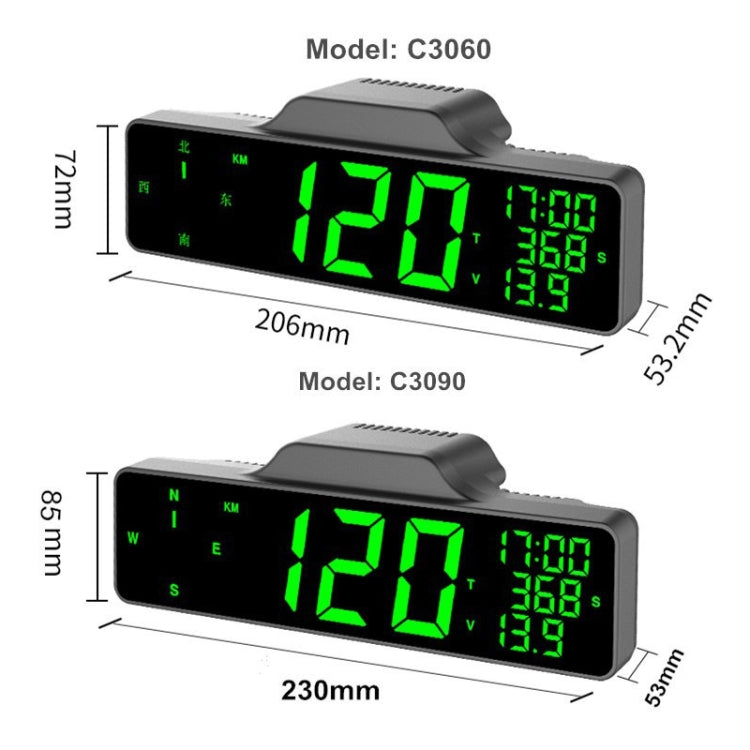 Car HUD head-up display dimensions diagram for two models (C3060, C3090)