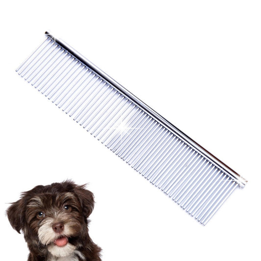 Stainless steel pet grooming comb with dense fine metal teeth for fur detangling.