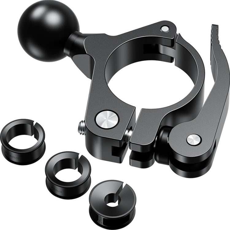 Black ball-head phone bracket with clamp base and three spare mounting rings