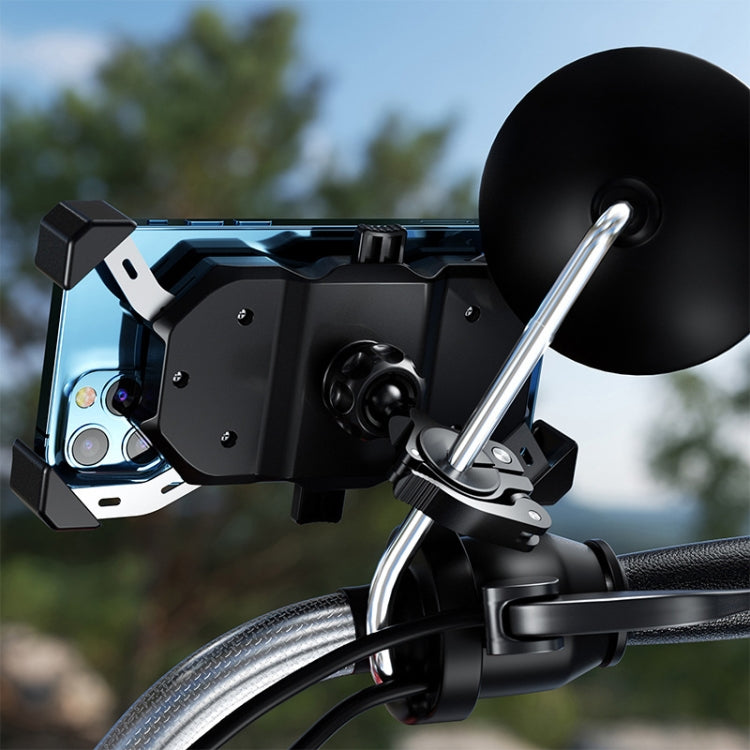 Motorcycle phone holder bracket mounted on bicycle handlebar with black ball head