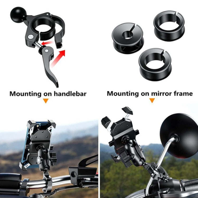 Phone bracket mounting guide with clamp for handlebar and mirror frame plus parts