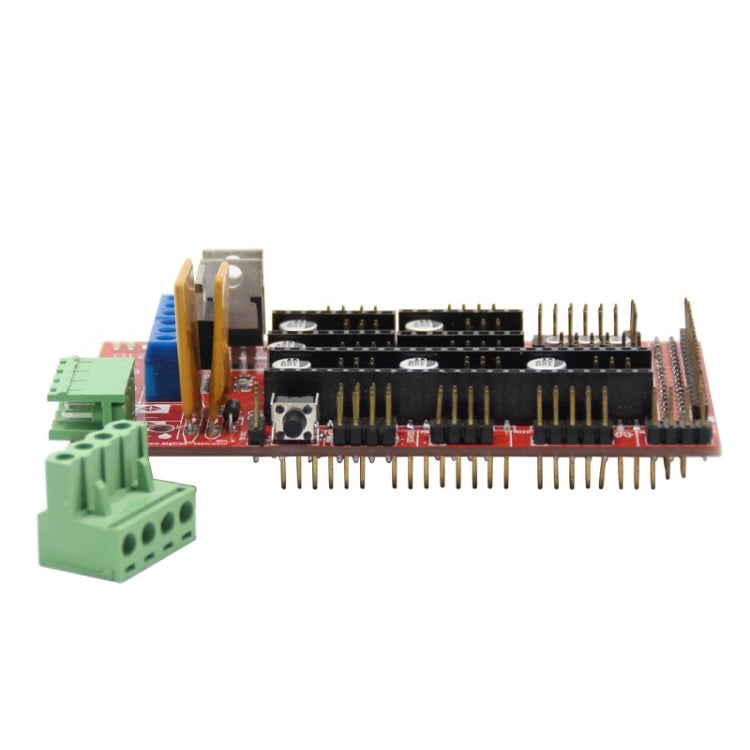 RAMPS 1.4 control board side view with tall header pins and green terminal block