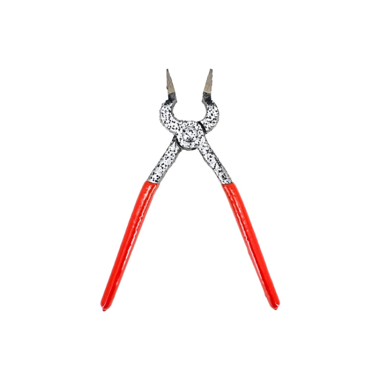 Red-handled flat pliers with speckled gray metal jaws for leatherwork