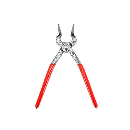 Red-handled flat pliers with speckled gray metal jaws for leatherwork