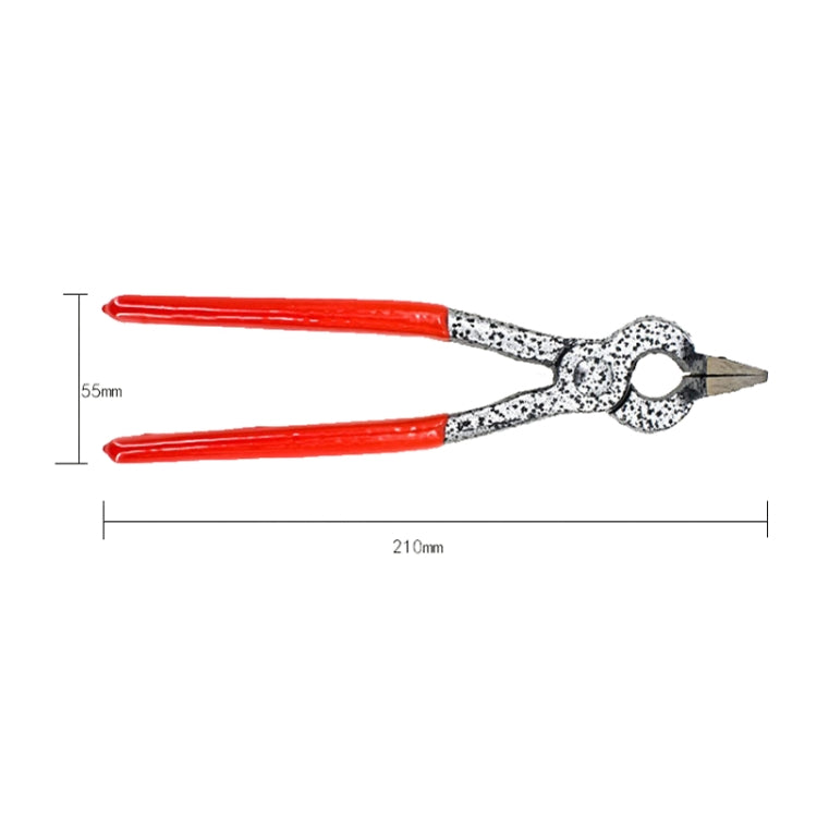 Flat pliers with red grips and pointed speckled gray jaws