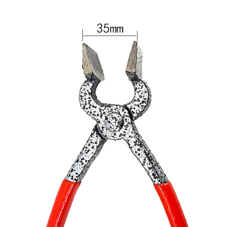 Compact flat-nose pliers with speckled gray jaws and red grips