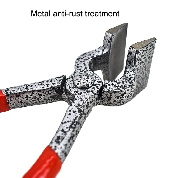 Metal flat pliers with speckled gray coated jaws and red handles