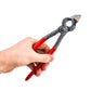 Handheld flat pliers with red handles and speckled gray jaws