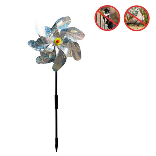 Reflective windmill bird deterrent pinwheel with blue-silver blades and yellow center
