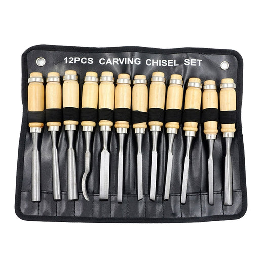 12-piece carving chisel set, light wood handles and steel blades in black storage roll
