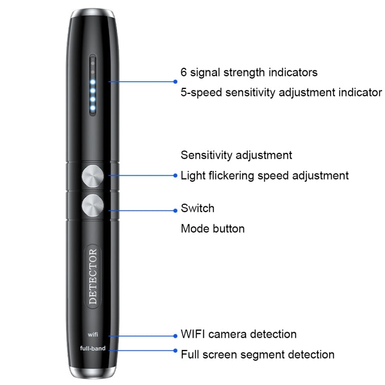 Black detector pen with illuminated light strip and two round side controls
