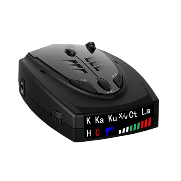 Black radar speed detector with top control panel and colored signal indicator lights