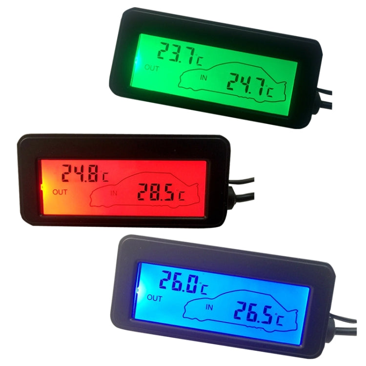 Mini digital car thermometer with OUT/IN readings in green, red, and blue