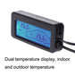 Black mini digital car thermometer with dual OUT/IN temperature display, blue backlight