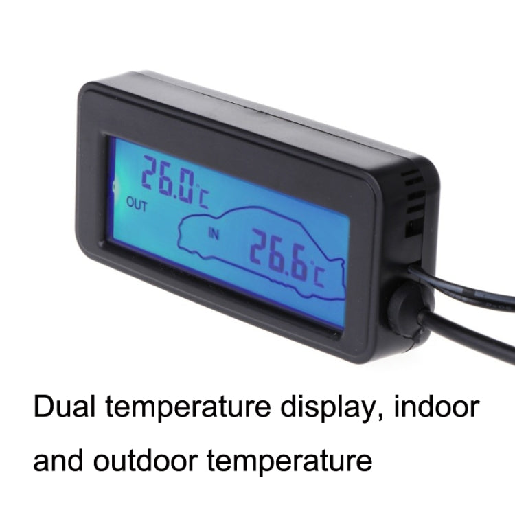 Black mini digital car thermometer with dual OUT/IN temperature display, blue backlight