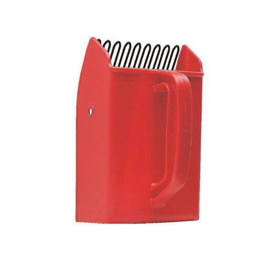 Red blueberry picker shovel with front scoop opening and comb tines