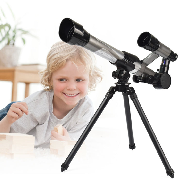 Science telescope toy with black tripod and silver/black binocular-style eyepieces