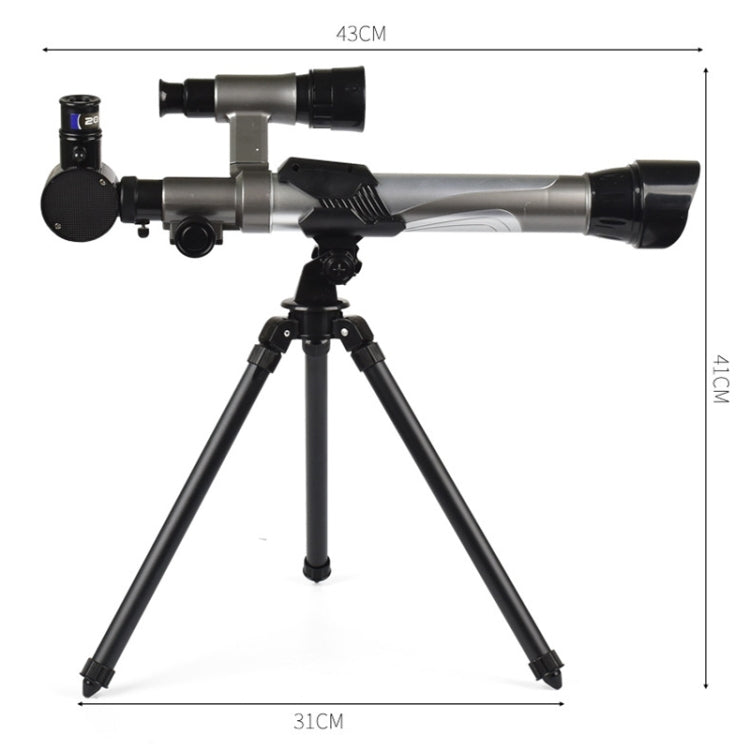 Full-size telescope toy showing silver optical tube, black tripod, and size markings