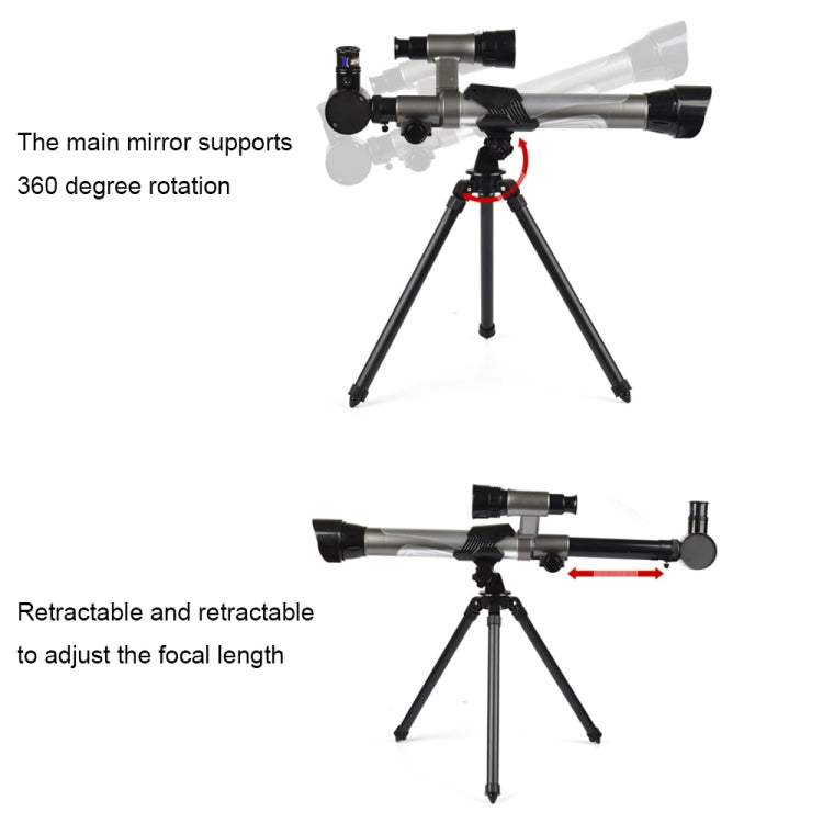 Telescope toy with rotating mount and side adjustment knob on black tripod