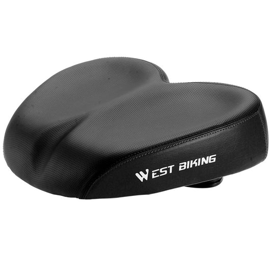 Wide padded bicycle saddle in black with WEST BIKING logo on side.