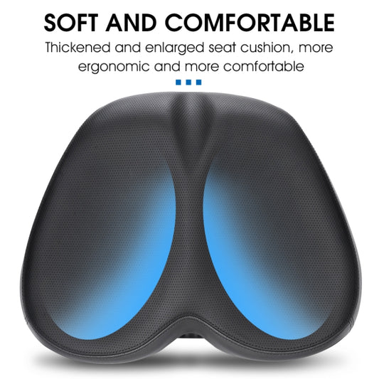 Wide bicycle saddle top view with central groove and black cushion, blue inserts.
