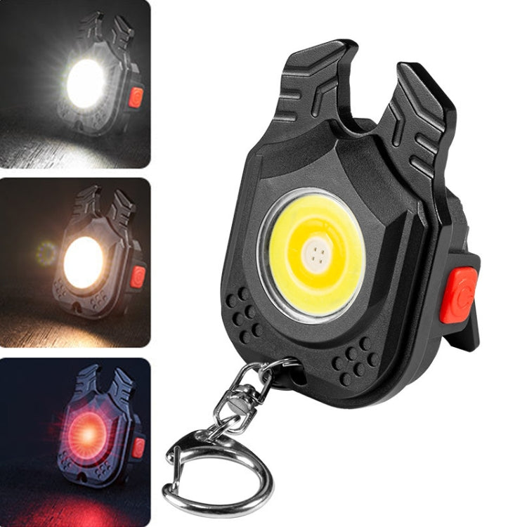 Mini portable flashlight with keychain, black body, bright COB lens and side red switch
