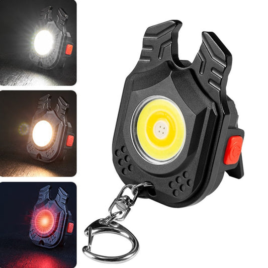 Mini portable flashlight with keychain, black body, bright COB lens and side red switch
