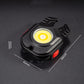 Compact mini flashlight with COB light lens, black casing, red side button, shown with size marks