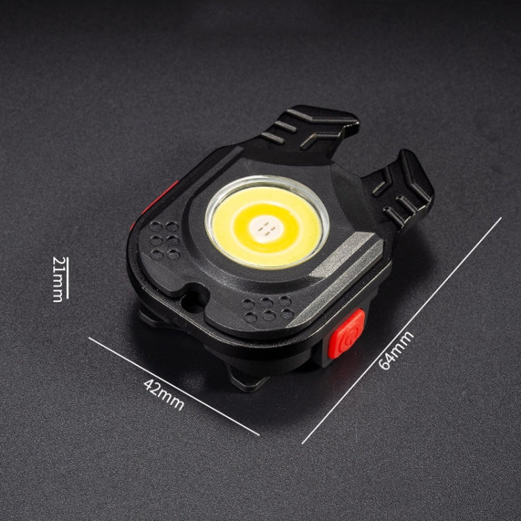 Compact mini flashlight with COB light lens, black casing, red side button, shown with size marks