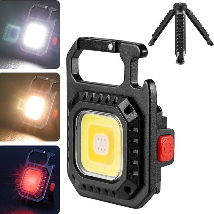 Black mini keychain flashlight with bracket, COB lamp and folding tripod legs