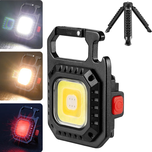 Black mini keychain flashlight with bracket, COB lamp and folding tripod legs