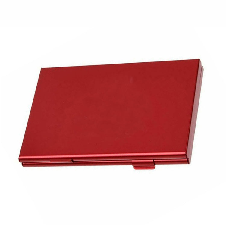 Red aluminum game card storage case with snap-closure flap, compact rectangular design