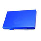 Blue aluminum game card storage case with snap-closure flap, compact rectangular design