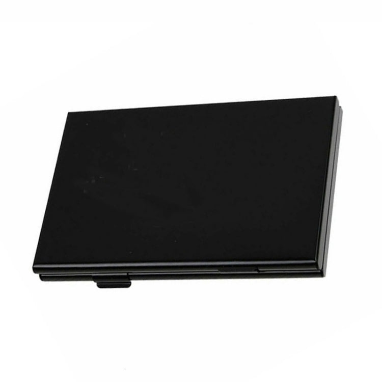 Black aluminum game card storage case with snap-closure flap, compact rectangular design