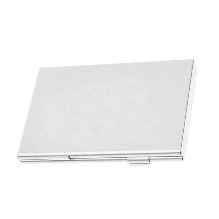 Silver aluminum game card storage case with snap-closure flap, compact rectangular design