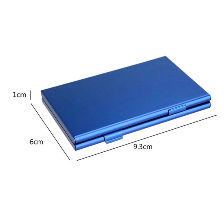 Blue aluminum game card storage case with size markings: 1cm x 6cm x 9.3cm