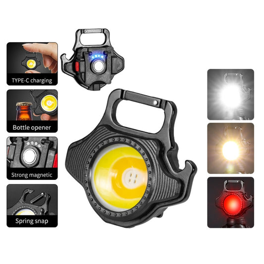 Black mini keychain flashlight with yellow LED, front clip, and tripod attachment.