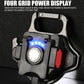 Black keychain flashlight with bright blue LED indicator and front lens window.