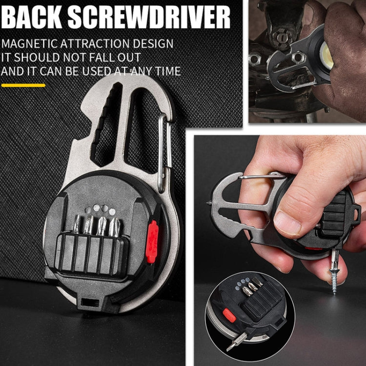 Mini portable flashlight multi-tool with screwdriver bit set, wrench-style body and grip