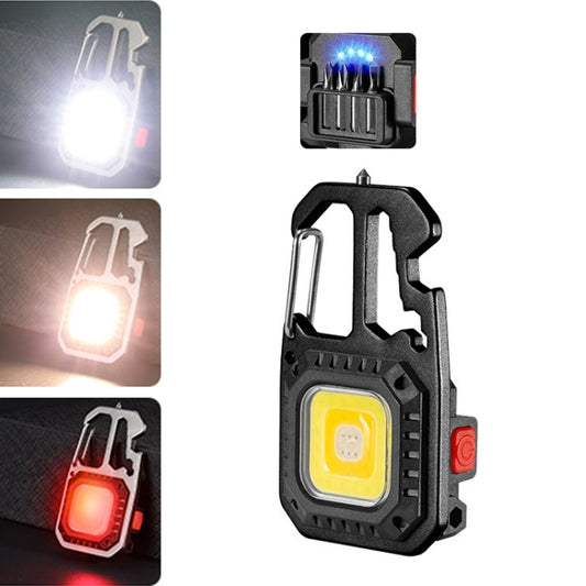 Portable LED flashlight with bright COB bulb, black housing and side red switch