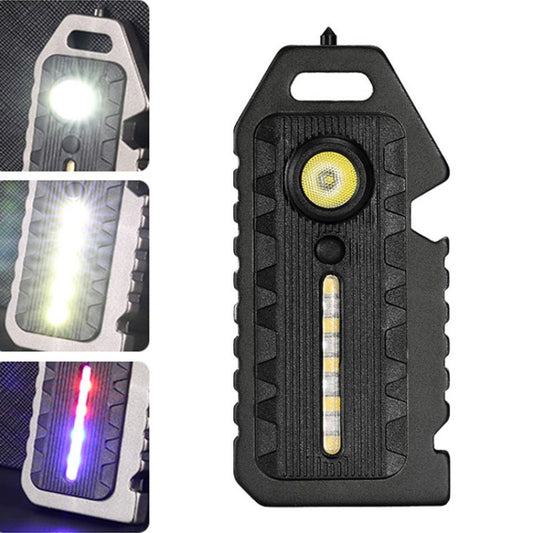 Black mini keychain flashlight with circular LED head and side light bar