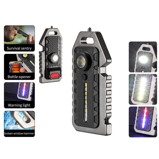Mini keychain flashlight shown from multiple angles with clip and LED light bar