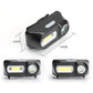 Black LED headlamp with adjustable head, front COB light bar and round spotlight lens