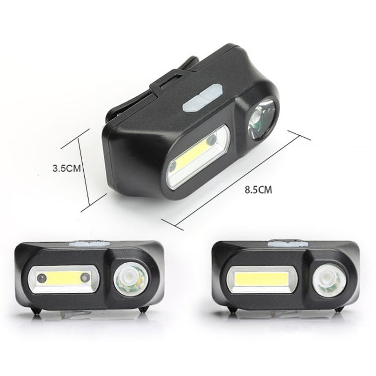 Black LED headlamp with adjustable head, front COB light bar and round spotlight lens
