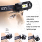 LED headlamp worn on forehead, black band with adjustable lamp head and COB strip light