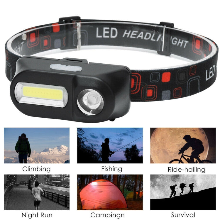 Black LED headlamp on elastic headband, dual light modules with COB bar and spotlight