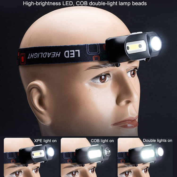 LED headlamp on model, dual lighting LEDs showing COB strip and XPE spotlight