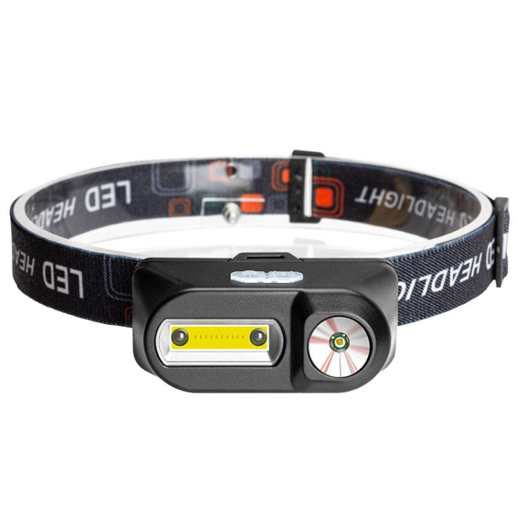 LED headlamp with elastic headband, black front housing with COB bar and rotating lens