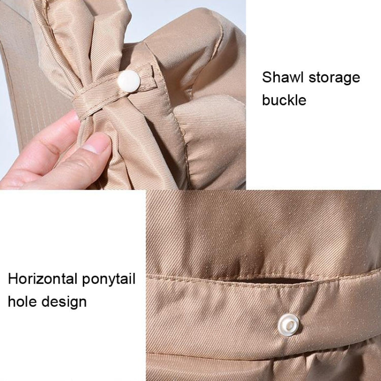 Tan bucket hat detail: horizontal ponytail hole and shawl storage buckle.