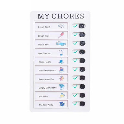 White wall checklist memo board with “MY CHORES” header, cards, and check icons
